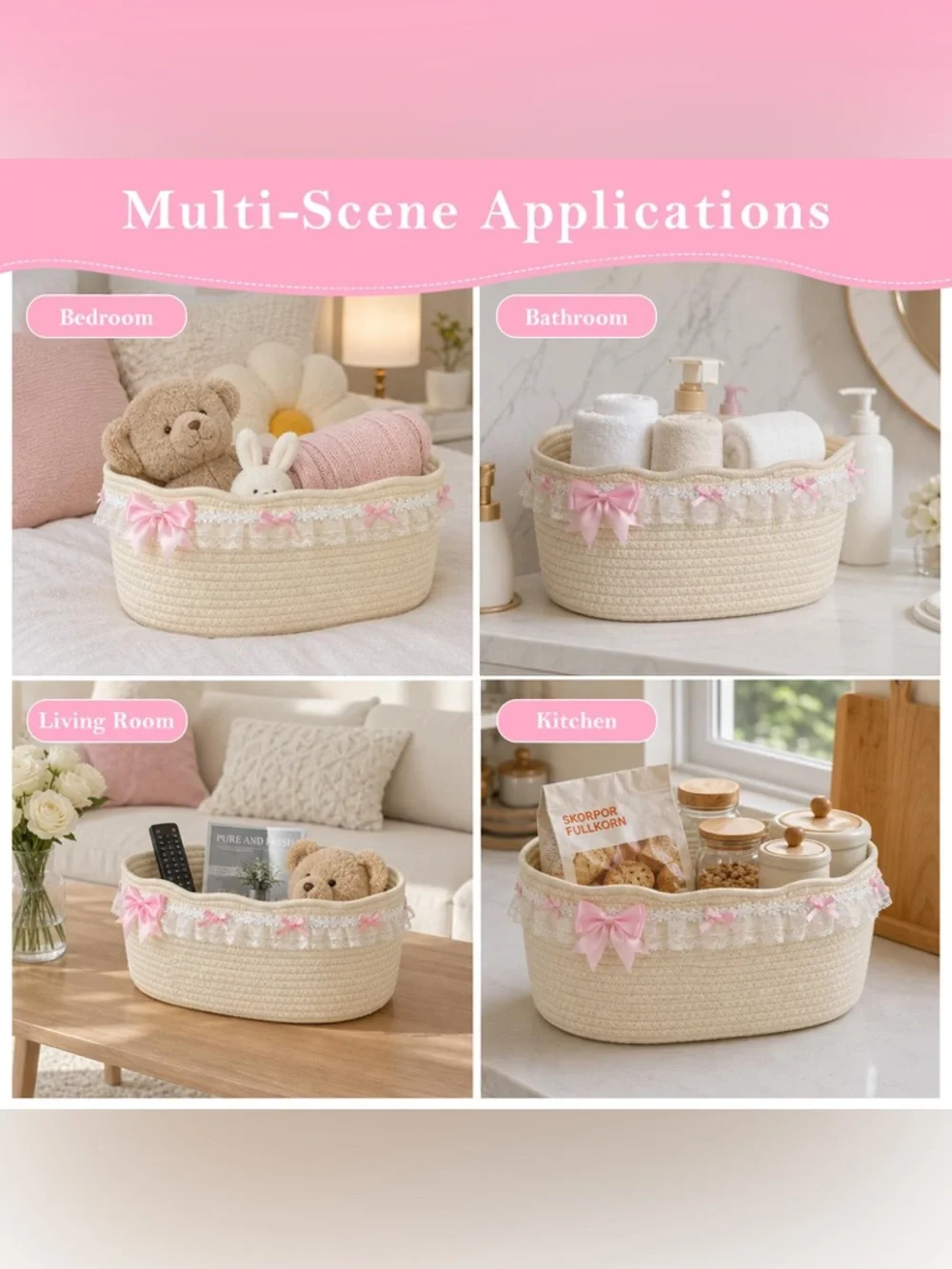 Decorative Pink Ribbon Cotton Rope Gift Basket with Bag & Ribbon